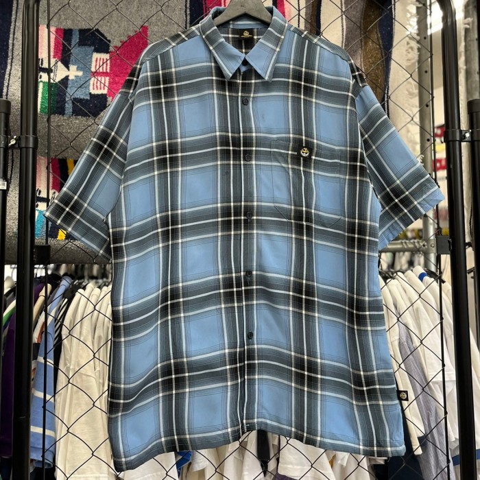 90s ローライダー オンブレチェックシャツ ロゴデザイン 胸ポケット L ...