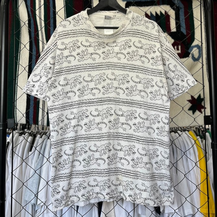 90s USA製 アニマル系 半袖Tシャツ シングルステッチ 総柄 トカゲ 