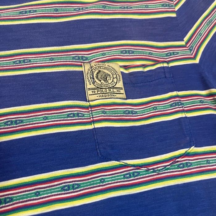 90s POLO Ralph Lauren Native Pattern Striped T-Shirt / Vintage ヴィンテージ 古着 ラルフ ローレン ストライプ ボーダー ネイティブ 半袖 Tシャツ 青 ブルー メンズライク | Vintage.City ヴィンテージ 古着