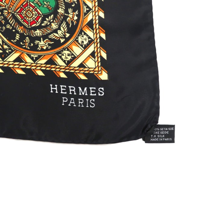 HERMES スカーフ ブラック シルク 総柄 カレ90 エンブレム フランス製 | Vintage.City 古着屋、古着コーデ情報を発信