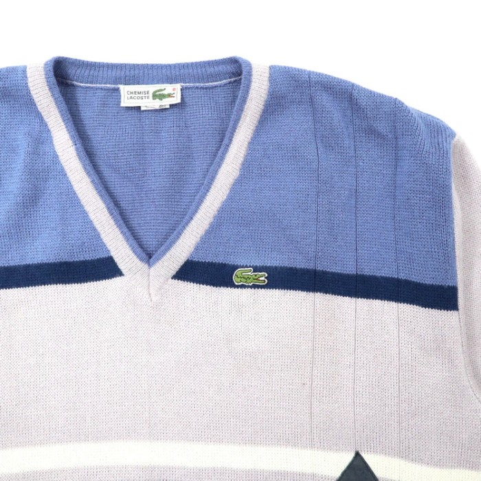 CHEMISE LACOSTE Vネックニット セーター 3 ブルー グレー アクリル ビッグサイズ 80年代 | Vintage.City 古着屋、古着コーデ情報を発信