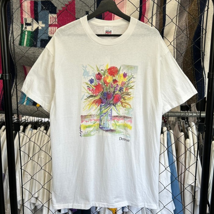 90s アート系 半袖Tシャツ 花 イラストデザイン シングルステッチ XL