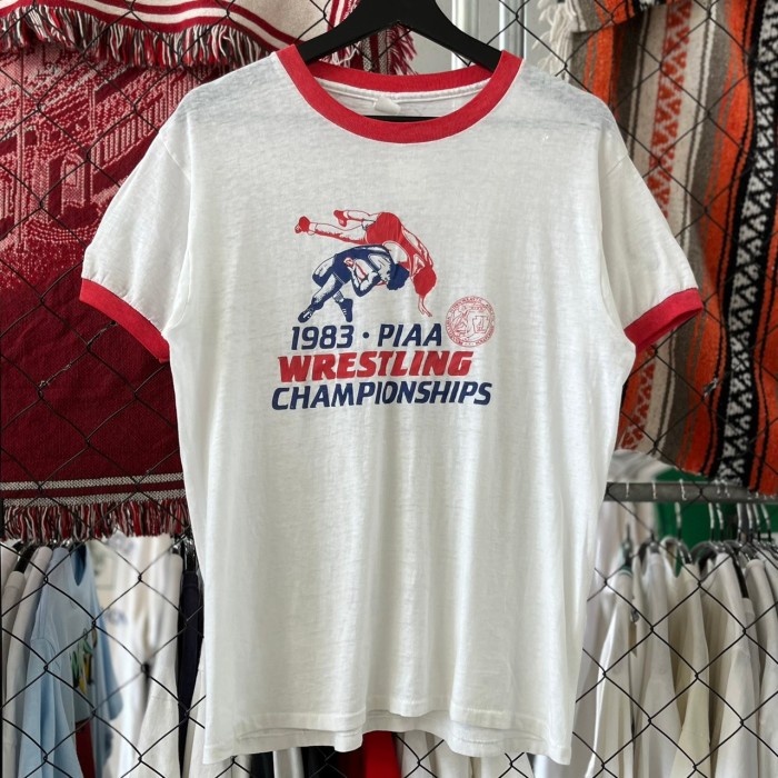 80s USA製 スポーツ系 リンガーTシャツ プリントデザイン レスリング