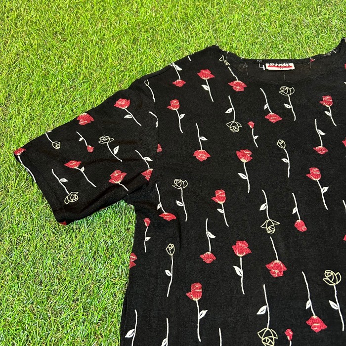 90s Rose Pattern T-Shirt / Vintage ヴィンテージ 古着 バラ ローズ ガーリー 黒 ブラック Tシャツ 半袖 | Vintage.City 빈티지숍, 빈티지 코디 정보