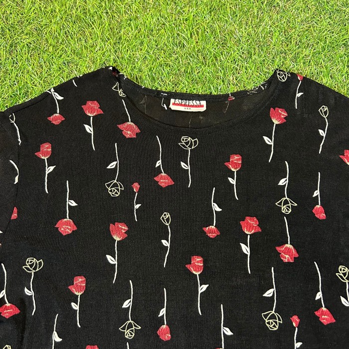 90s Rose Pattern T-Shirt / Vintage ヴィンテージ 古着 バラ ローズ ガーリー 黒 ブラック Tシャツ 半袖 | Vintage.City 빈티지숍, 빈티지 코디 정보