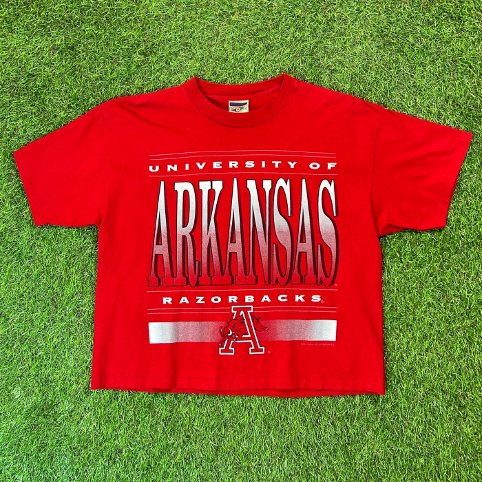 90s ARKANSAS RAZORBACKS Cropped T-Shirt / Made In USA 古着 Vintage ヴィンテージ カレッジ Tシャツ 半袖 赤 レッド クロップド | Vintage.City 古着屋、古着コーデ情報を発信