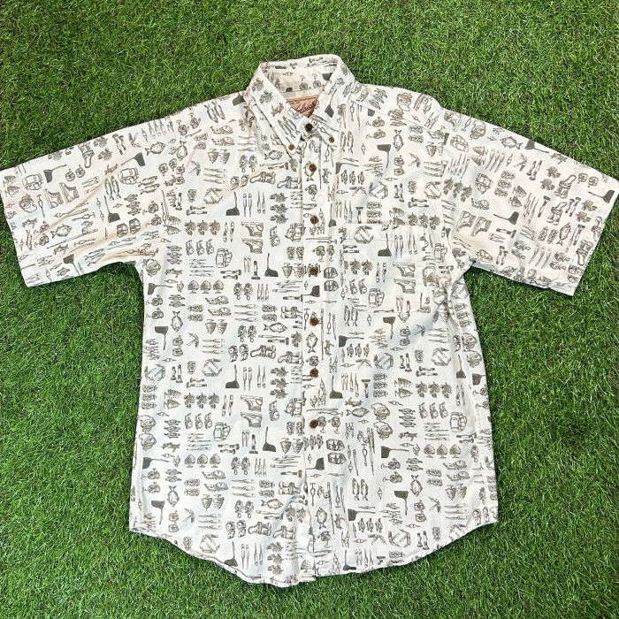 90s Woolrich Outdoor Pattern Shirt / Made In USA 古着 Vintage ヴィンテージ 半袖 シャツ ウールリッチ 白 ホワイト 総柄 メンズライク アメリカ製 | Vintage.City 古着屋、古着コーデ情報を発信
