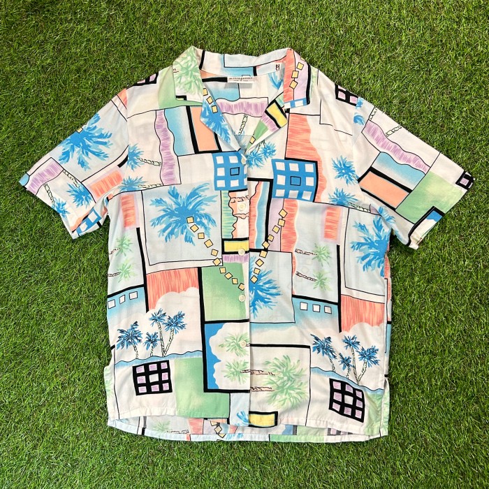 90s Palm Tree Pattern Open Collar Shirt / Made In USA 古着 Vintage ヴィンテージ 開襟 ヤシの木 パステル 半袖 シャツ ブラウス アメリカ製 | Vintage.City 빈티지숍, 빈티지 코디 정보