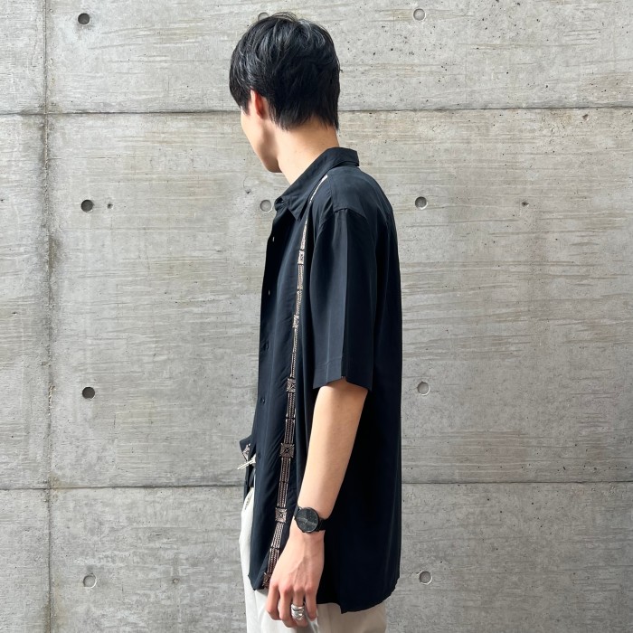 【海外】90’sキューバシャツ ラインデザイン半袖シャツ ブラック L