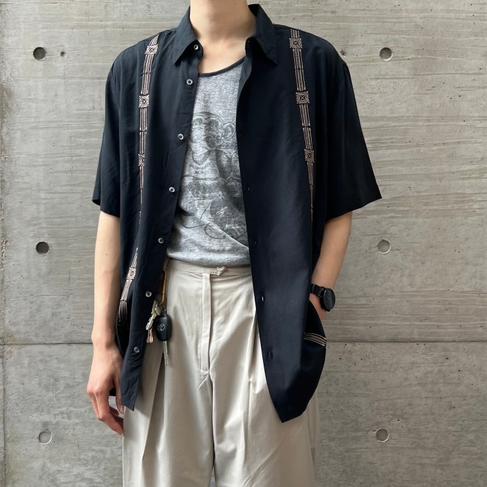 【海外】90’sキューバシャツ ラインデザイン半袖シャツ ブラック XL