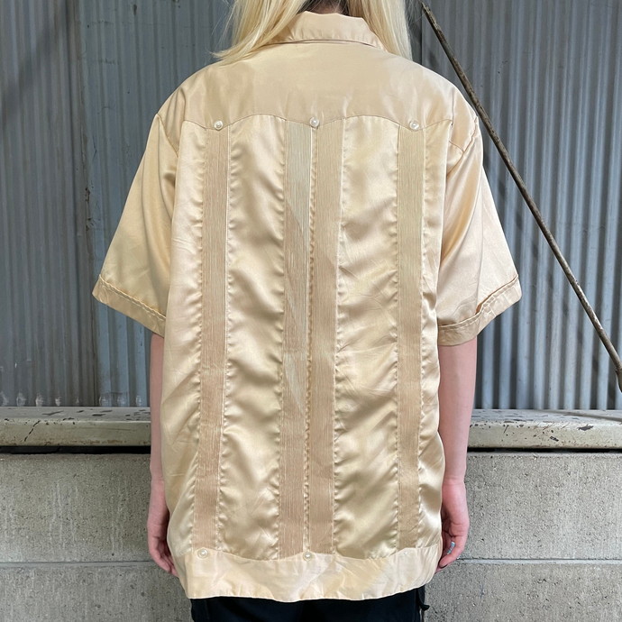 60年代～70年代 GUAYABERA TULUM 刺繍 プリーツ シルク サテン 開襟 