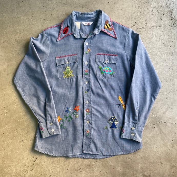 70年代 Levi's リーバイス 手刺繍デザイン シャンブレーシャツ メンズS