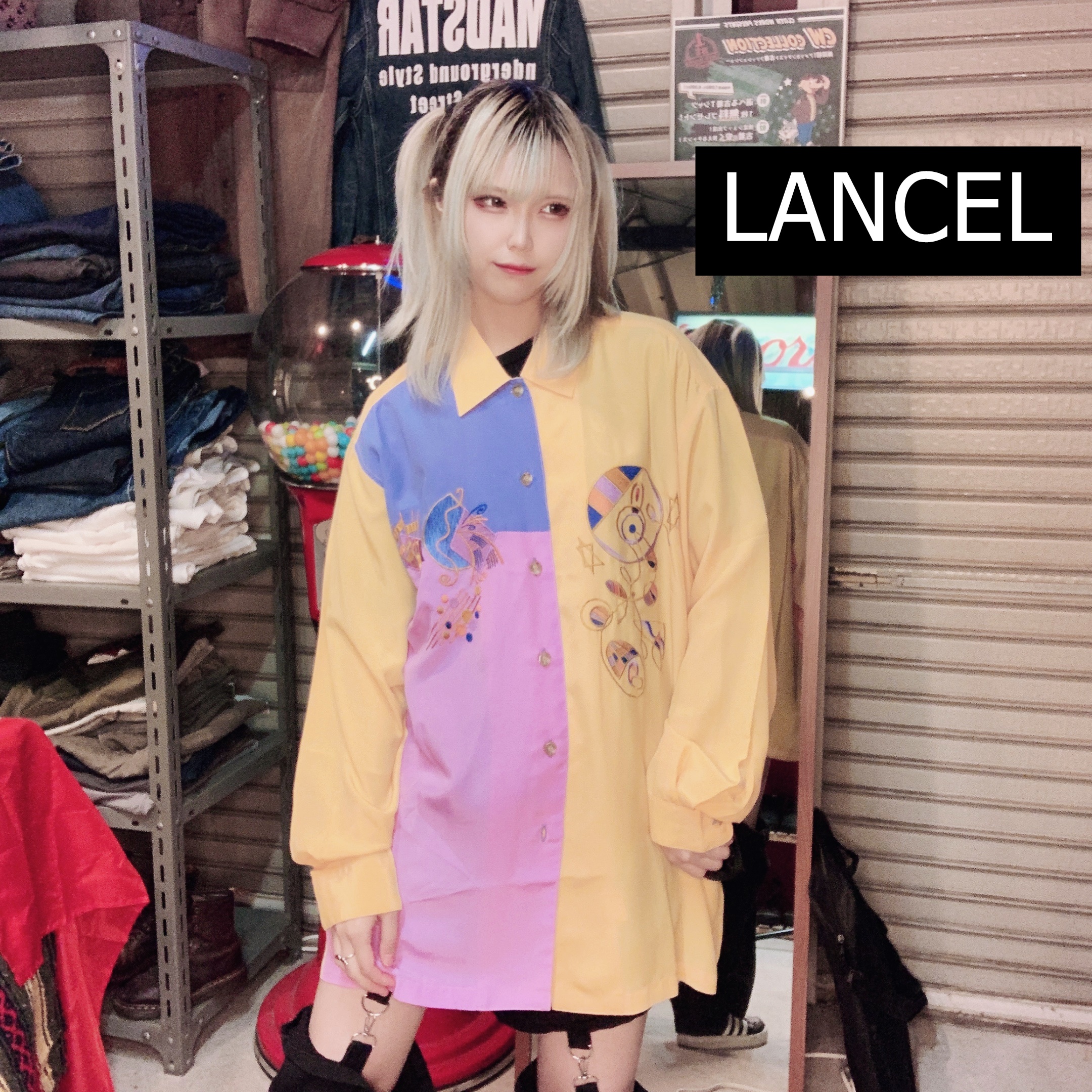 ランセル シフォンシャツ 個性的 イエロー パープル 刺繍 日本製 ブルー 黄色