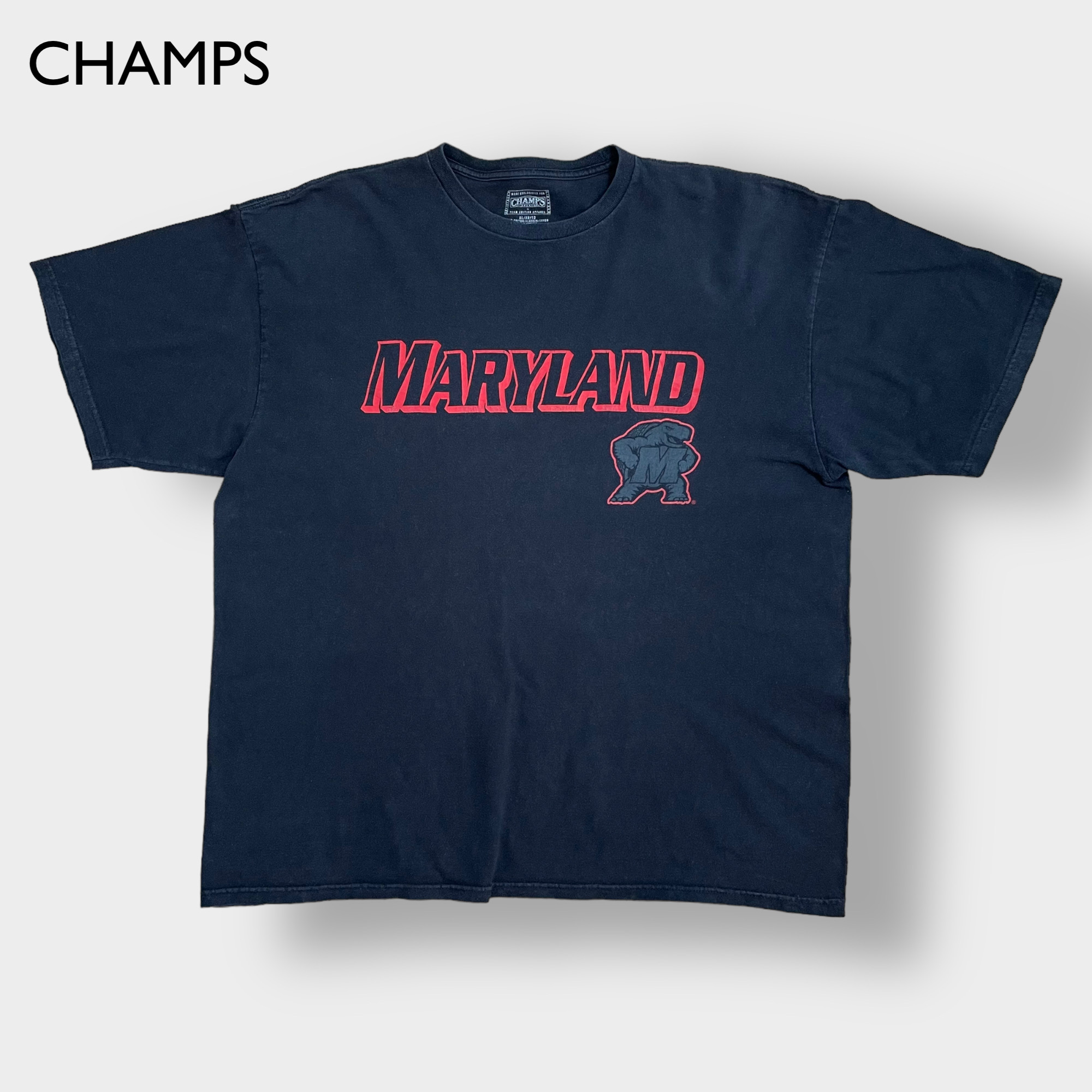 CHAMPS】カレッジロゴ メリーランド大学 プリント Tシャツ バックロゴ MARYLAND UNIVERSITY XL ビッグサイズ 半袖 黒t  夏物 US古着 | Vintage.City