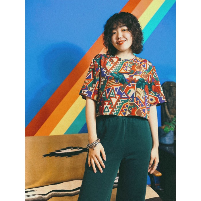 90s Native & Botanical Pattern Cropped Tops / Made In USA 古着 Vintage ヴィンテージ 総柄 半袖 Tシャツ クロップド | Vintage.City 빈티지숍, 빈티지 코디 정보