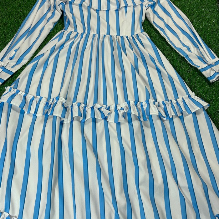 Light Blue Striped Frill Shirt Dress / 古着 ワンピース フリル シャツワンピ 長袖 ストライプ | Vintage.City 빈티지숍, 빈티지 코디 정보