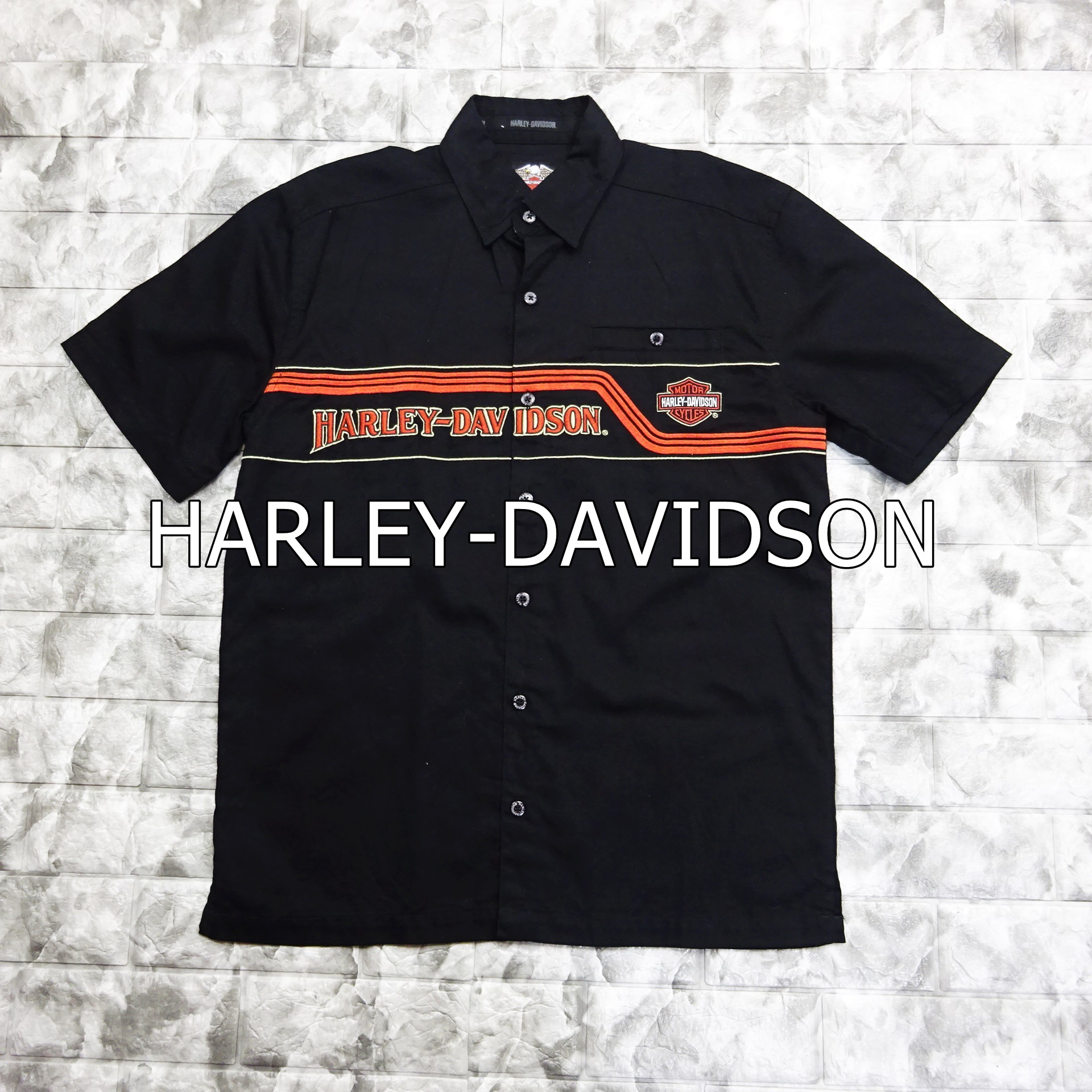 ハーレーダビットソン 半袖シャツ ブラック オレンジ ワッペンロゴ バイク 黒
