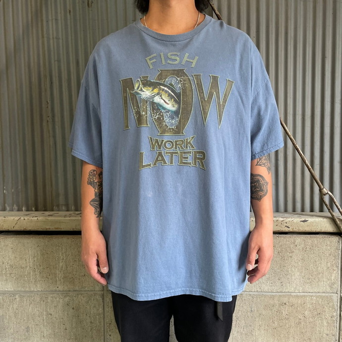 00年代 FISH NOW WORK LATER フィッシング プリント Tシャツ メンズ2XL