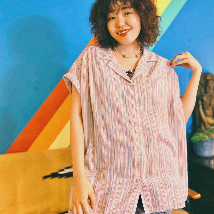 70s-80s Rainbow Striped Shirt / Vintage ヴィンテージ 古着 ストライプ カラフル 半袖 シャツ ブラウス | Vintage.City 빈티지숍, 빈티지 코디 정보