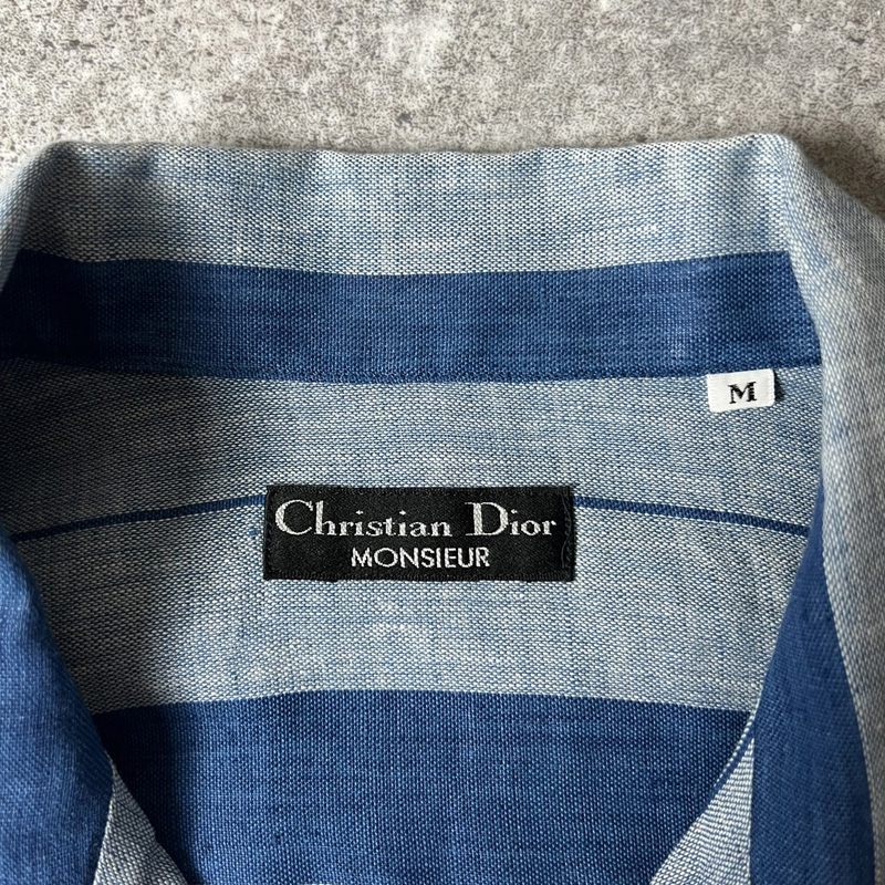 80s Christian Dior ストライプ 半袖 リネン オープンカラー シャツ M