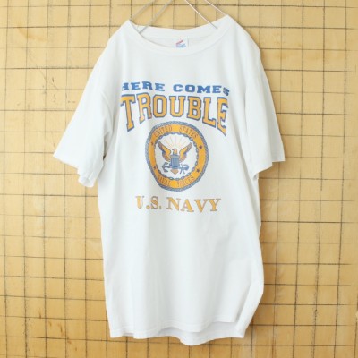 90s USA製 JERZEES HERE COMES TROUBLE U.S.NAVY プリント 半袖 Tシャツ ホワイト メンズL アメリカ古着 | Vintage.City ヴィンテージ 古着