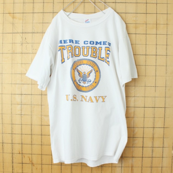 90s USA製 JERZEES HERE COMES TROUBLE U.S.NAVY プリント 半袖 Tシャツ ホワイト メンズL アメリカ古着 | Vintage.City 古着屋、古着コーデ情報を発信
