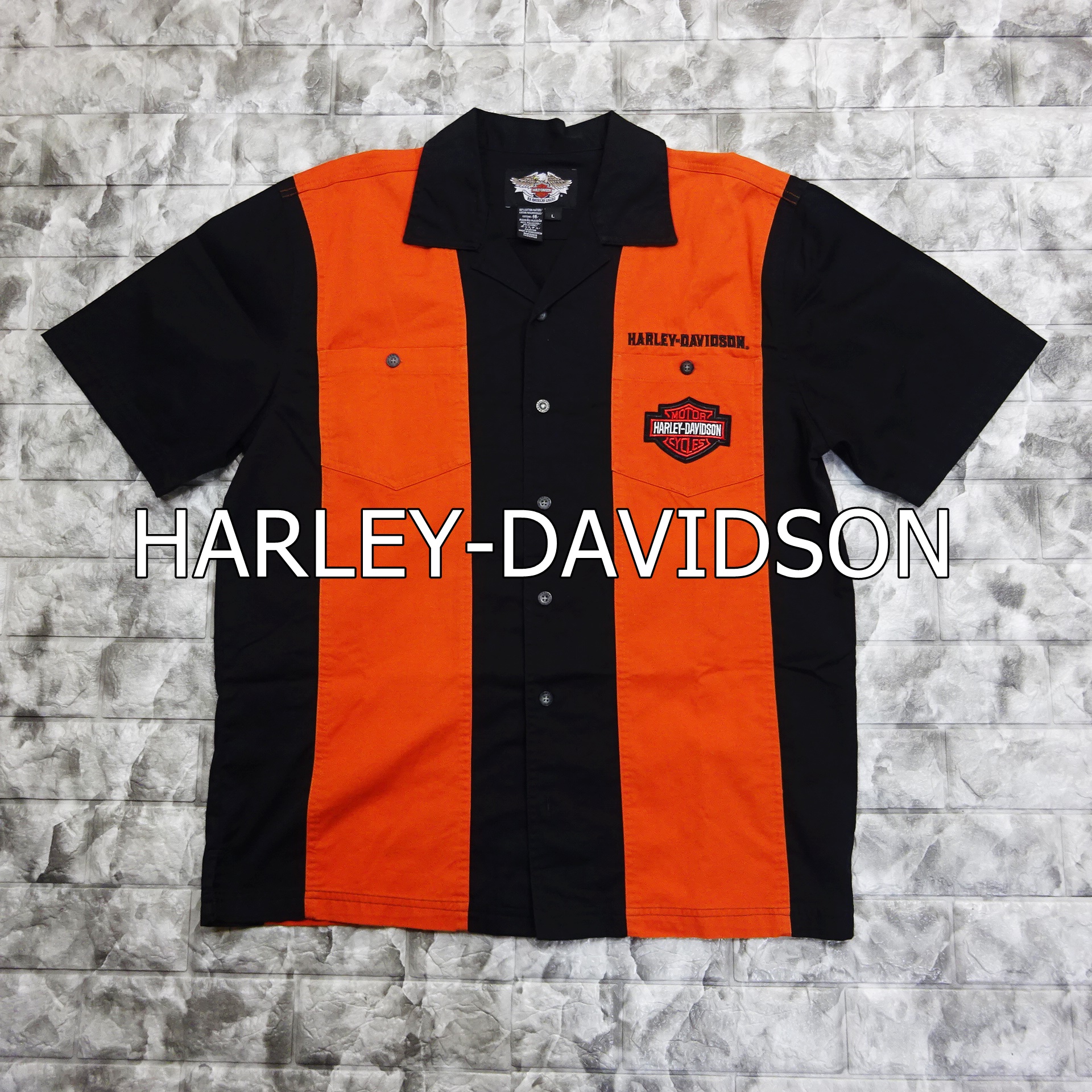 ハーレーダビットソン ワークシャツ XL ブラック オレンジ 肩ロゴ 半袖 黒