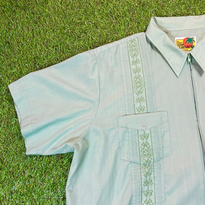 80s-90s Zip-Up GUAYABERA Shirt / キューバシャツ Vintage ヴィンテージ ジップアップ 半袖 シャツ 刺繍  緑 グリーン | Vintage.City 빈티지숍, 빈티지 코디 정보