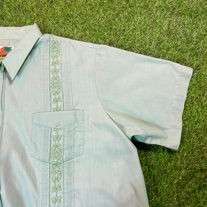80s-90s Zip-Up GUAYABERA Shirt / キューバシャツ Vintage ヴィンテージ ジップアップ 半袖 シャツ 刺繍  緑 グリーン | Vintage.City 古着屋、古着コーデ情報を発信