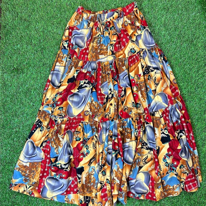 80s Cowboy Pattern Western Tiered Skirt / Made In USA 古着 Vintage ...