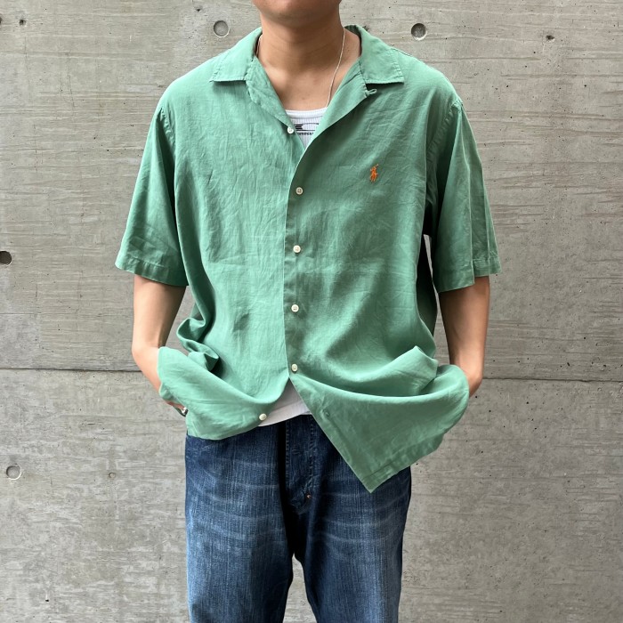 【超希少】ラルフローレン オープンカラー 開襟シャツ 刺繍ロゴ 90s