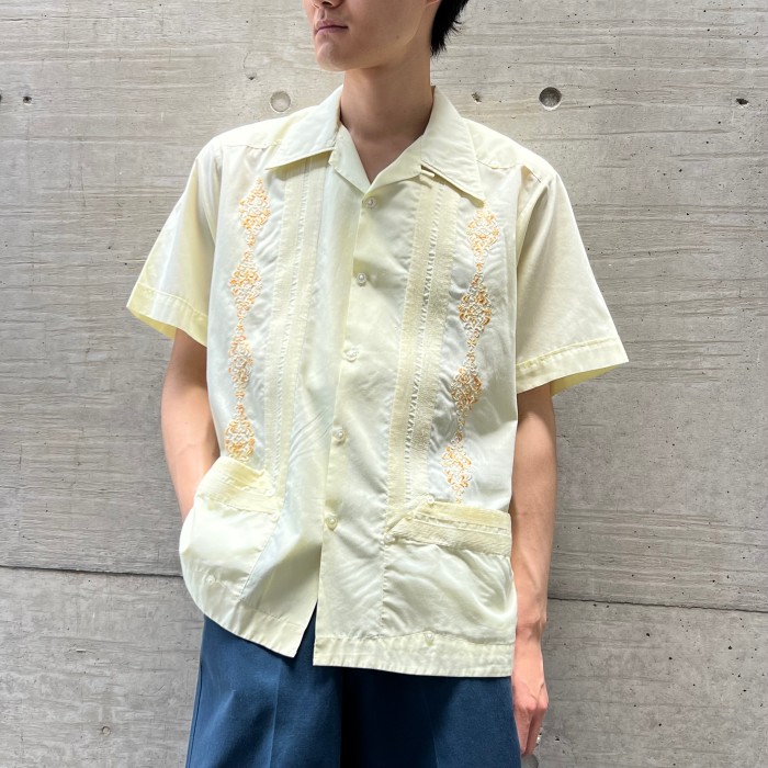 【海外】90’sキューバシャツ ラインデザイン半袖シャツ イエロー  L