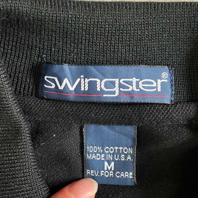 90年代 USA製 SWINGSTER 企業ロゴ刺繍 ストライプ 切替 ポロシャツ