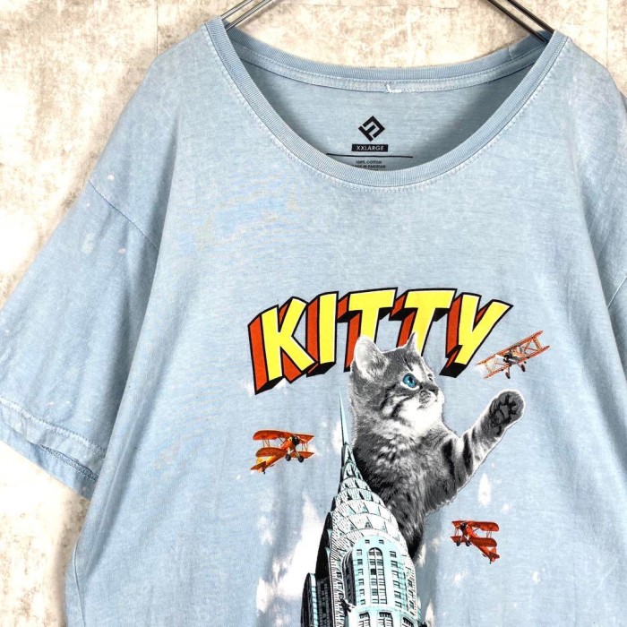 古着 アニマル 可愛い Tシャツ 子猫 ネコ キングコング ブリーチ 水色
