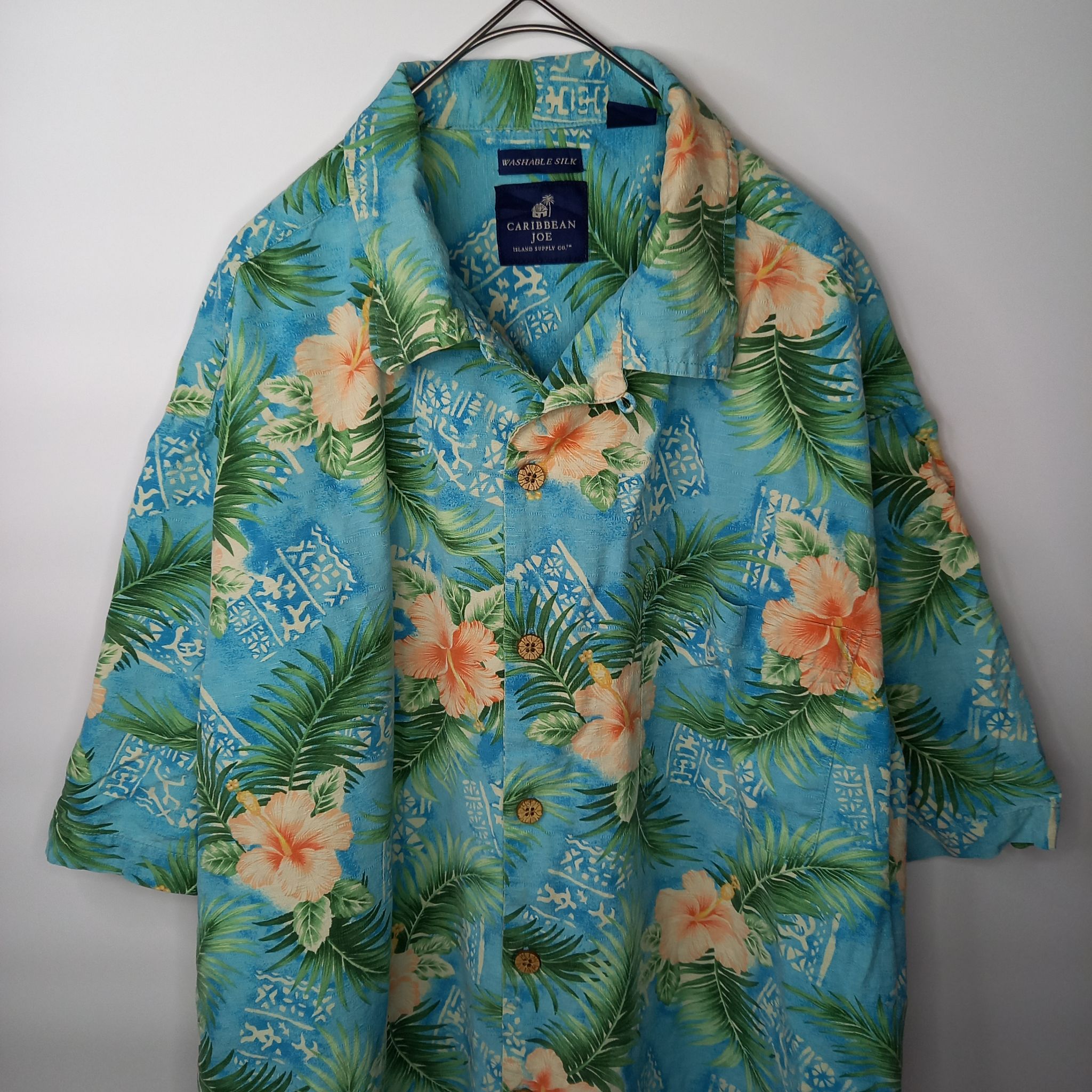 Caribbean　シルク　アロハシャツ　開襟　オーバーサイズ　刺繍　XL