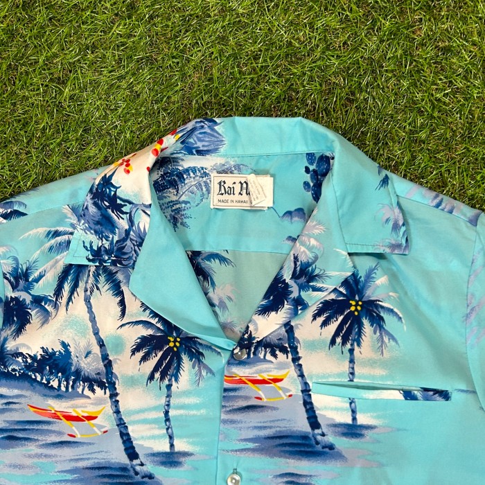 90s Palm Tree Light Blue Aloha Shirt / Made In Hawaii USA 古着 
