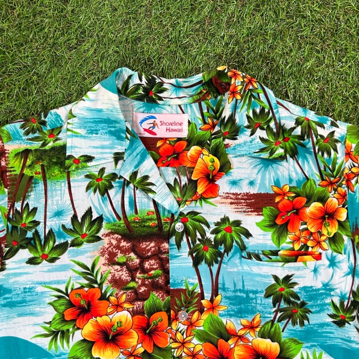 80s Hibiscus and Palm Tree Pattern Aloha Shirt / Vintage ...