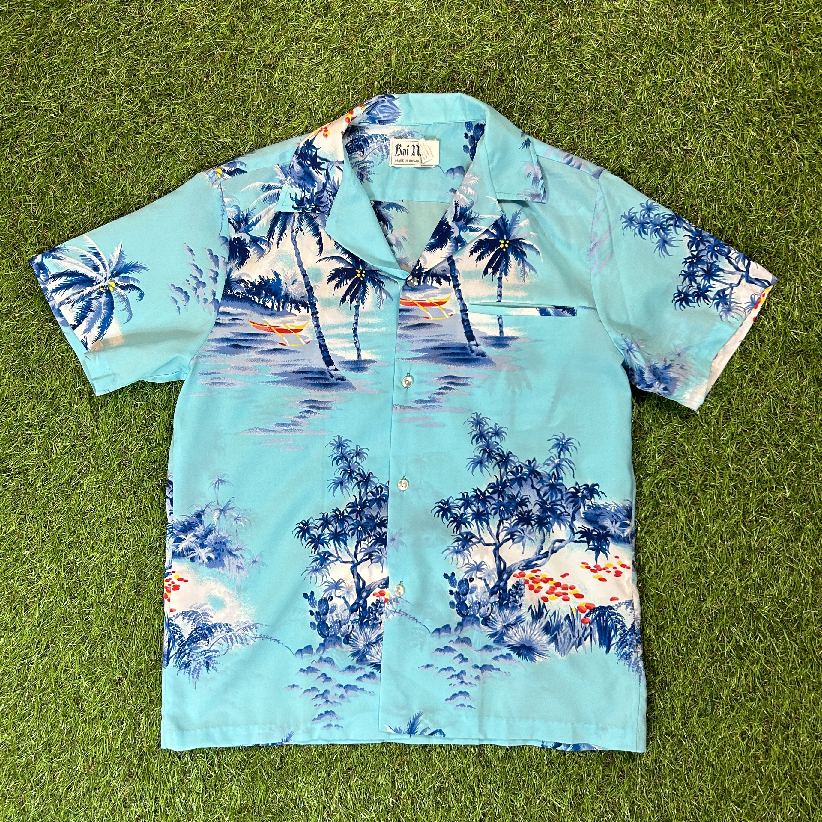 s Palm Tree Light Blue Aloha Shirt / Made In Hawaii USA 古着