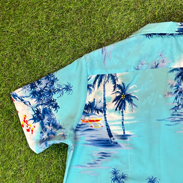 90s Palm Tree Light Blue Aloha Shirt / Made In Hawaii USA 古着