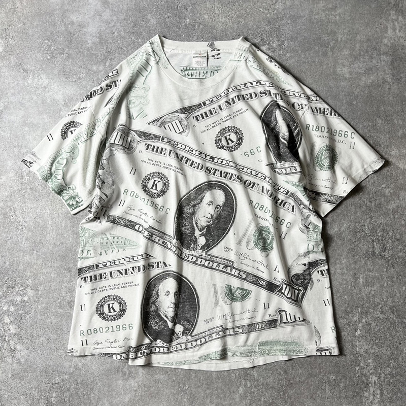 90s USA製 100ドル 札 紙幣 オールオーバー プリント 半袖 Tシャツ XL