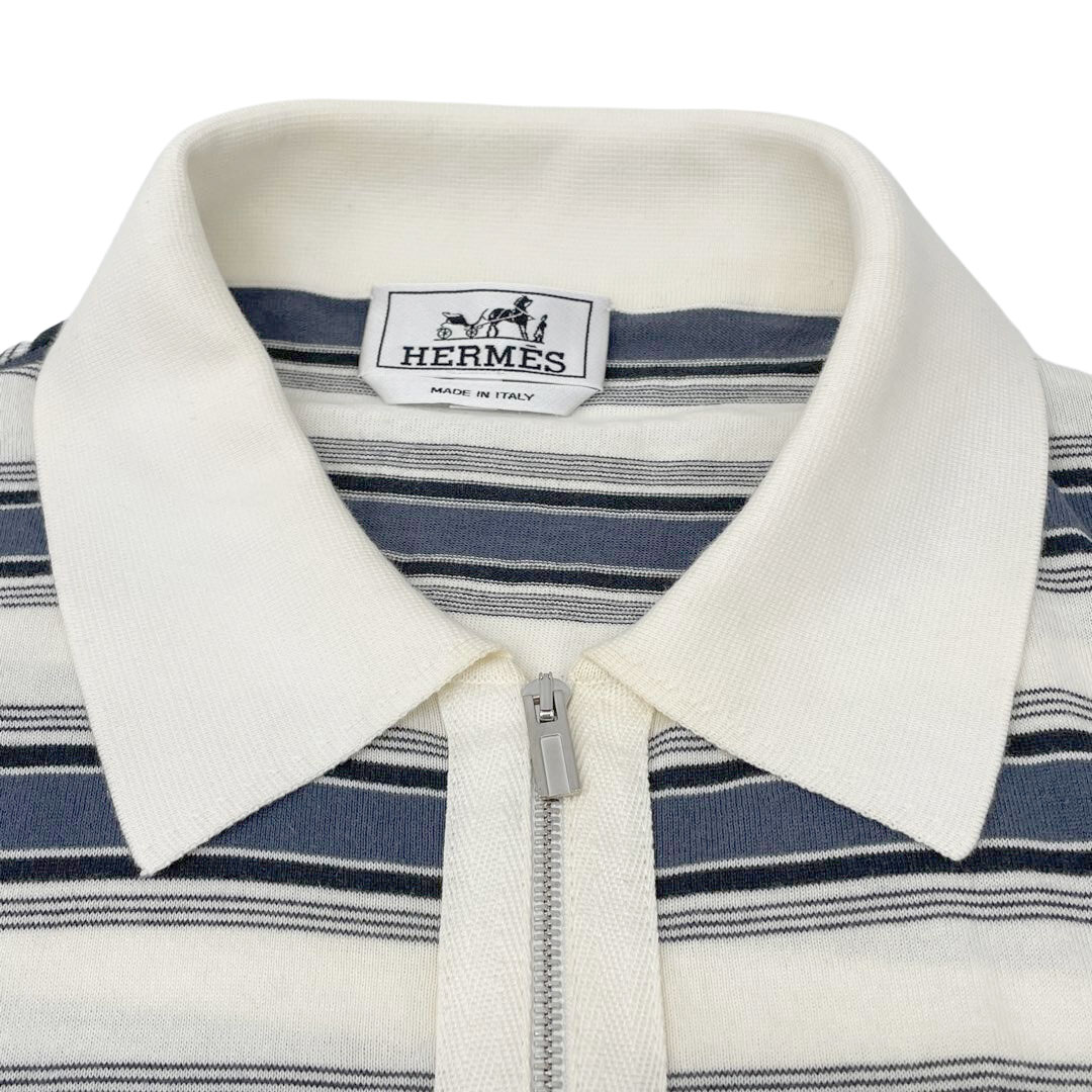 HERMES エルメス メンズ ハーフジップ ポロシャツ ボーダー コットン ホワイト ネイビー系 | Vintage.City