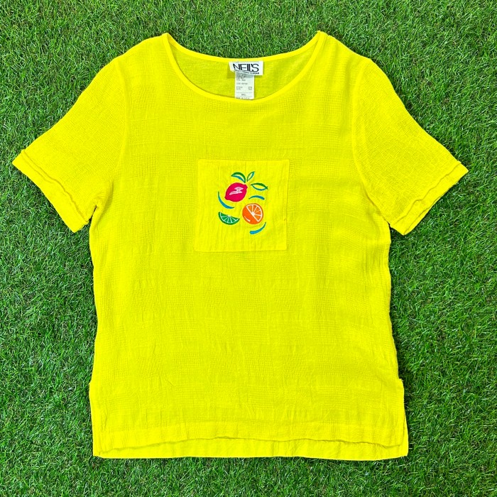 80s Fruits Embroidery Yellow Tops / Made In USA Vintage ...