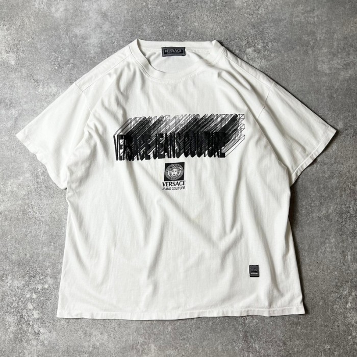 90s VERSACE JEANS COUTURE メデューサ ロゴ プリント 半袖 Tシャツ 90年代 オールド ヴェルサーチ シングル 白 