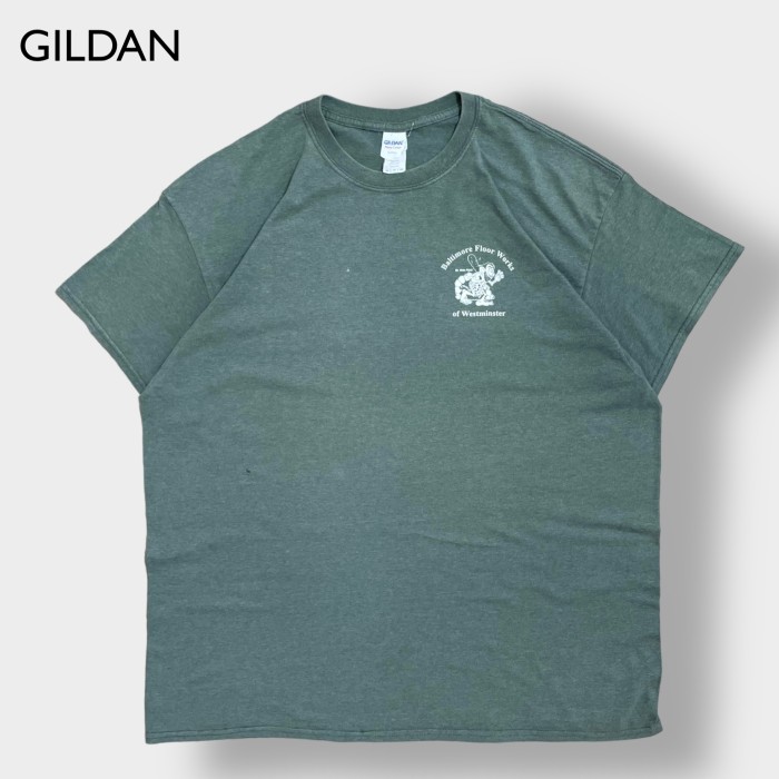 GILDAN】企業系 店舗ロゴ ワンポイントロゴ プリント Tシャツ バックプリント XL ビッグサイズ 若草色 半袖 夏物 US古着 