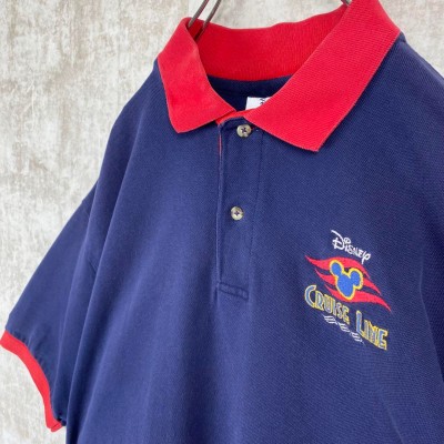 90s USA製 ディズニー クルーズライン 鹿子 ポロシャツ 紺赤ネイビーXL
