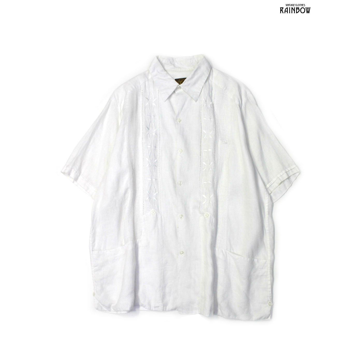 2点刺繍デザイン 開襟半袖キューバシャツ 水色 XL ビッグサイズ レトロ 