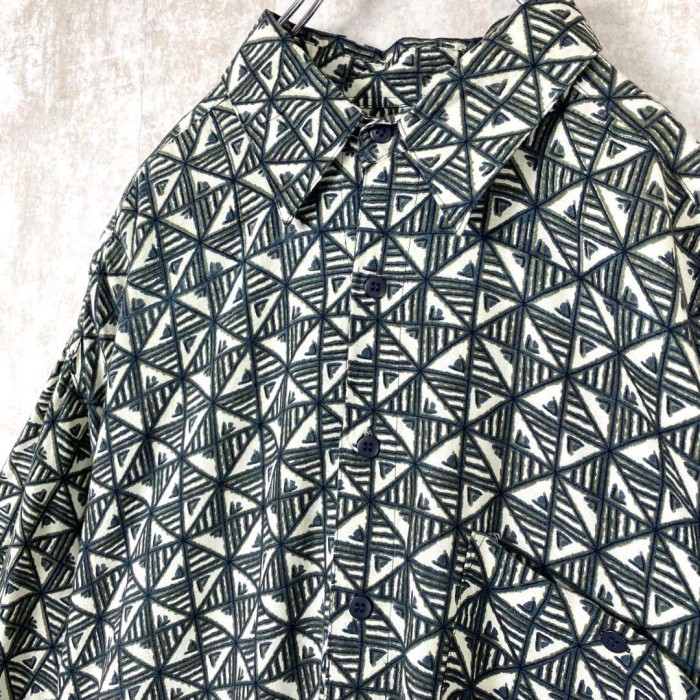 レトロ　総柄　半袖シャツ　ビンテージ　　幾何学　白　黒