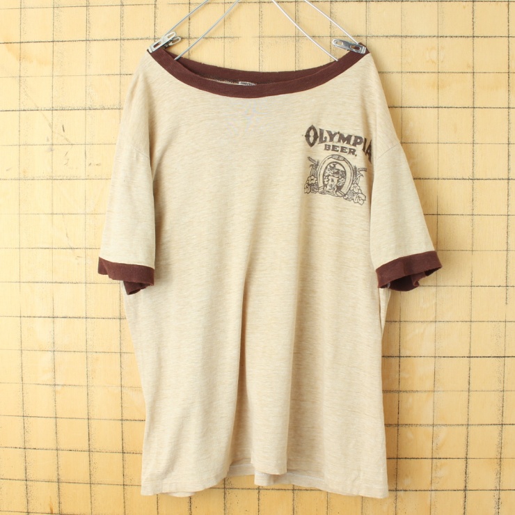 70s 80s USA製 ARTEX OLYMPIA BEER プリント リンガー Tシャツ 半袖