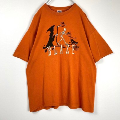 USA古着 一点物 ギルダン 可愛い Tシャツ 死神 スケルトン 黒猫 茶橙XL 