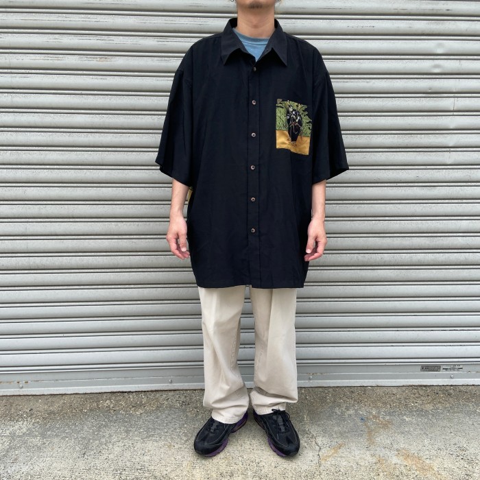 FIRST DOWN 和柄半袖シャツ 侍柄 ポリシャツ ブラック XL | Vintage.City